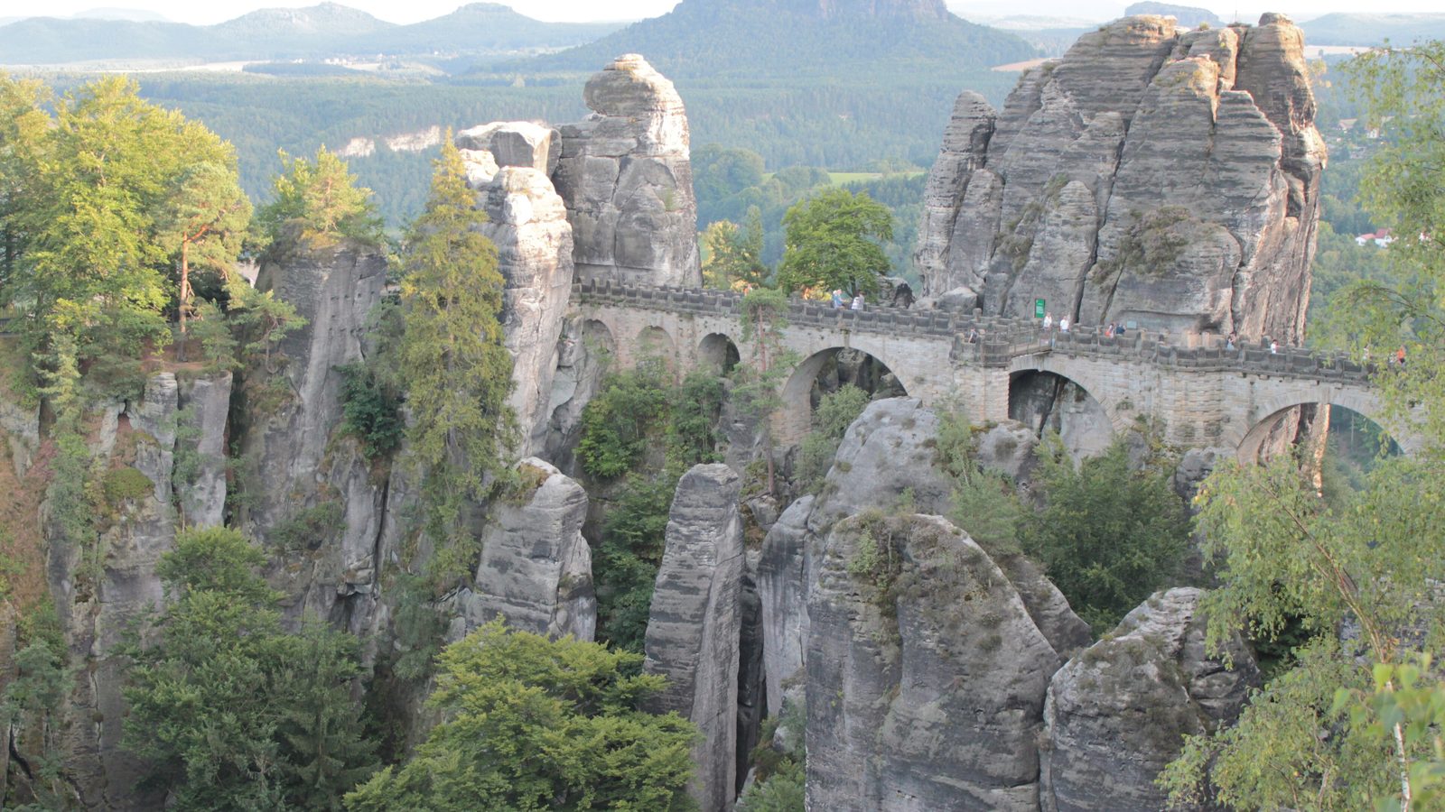 Malerweg: the sandstone Bastei Bridge between rock towers high above the Elbe valley, Saxon Switzerland, Germany