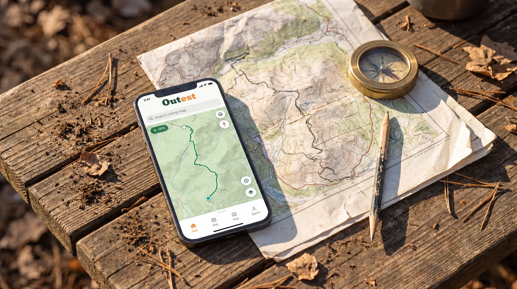 A phone with an offline hiking map and paper route planning on a table.