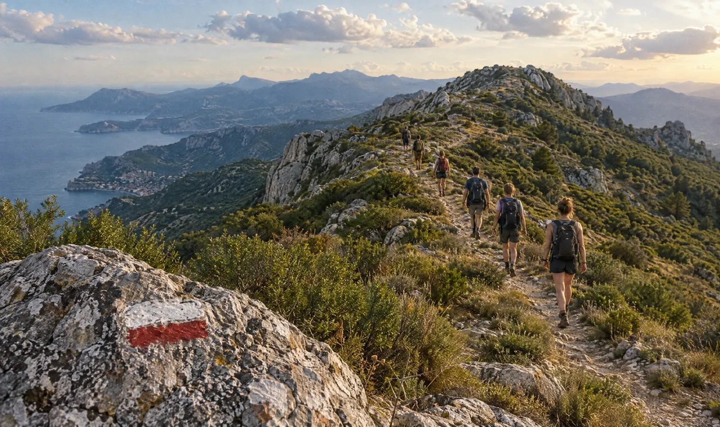 A group of hikers walking together on a ridge at sunset.