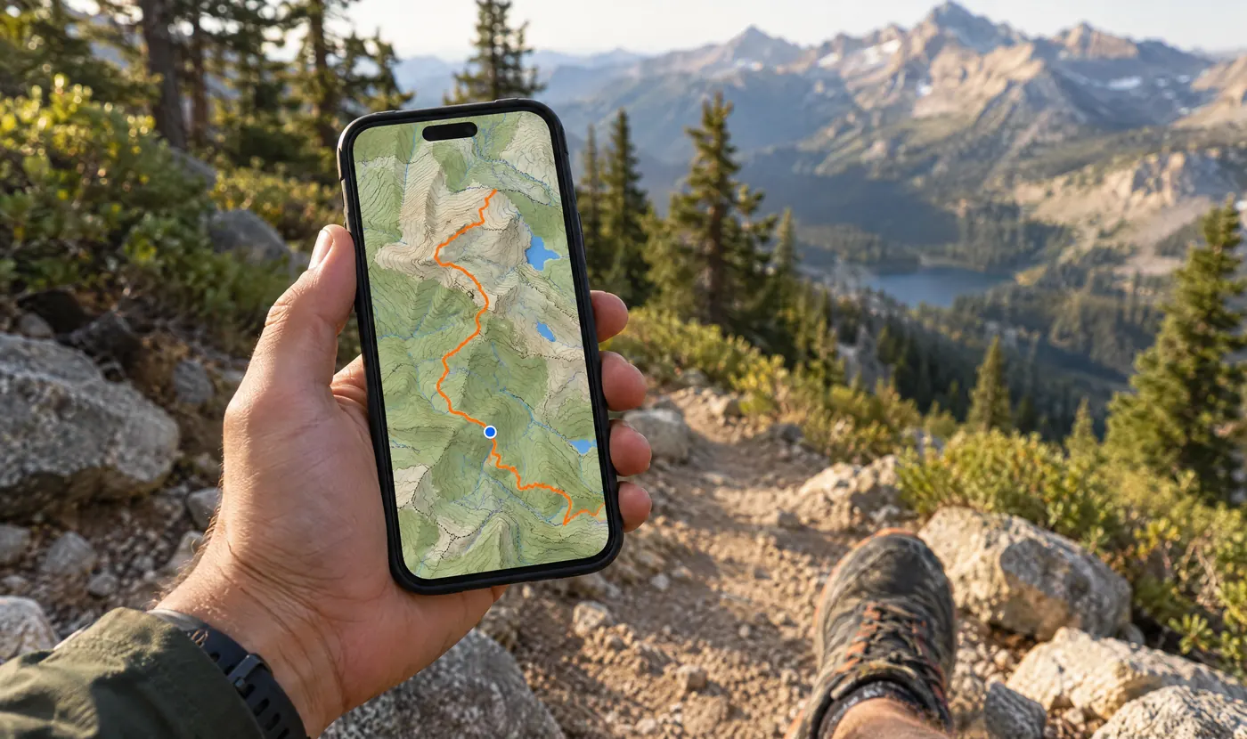 A phone with an offline hiking map and paper route planning on a table.