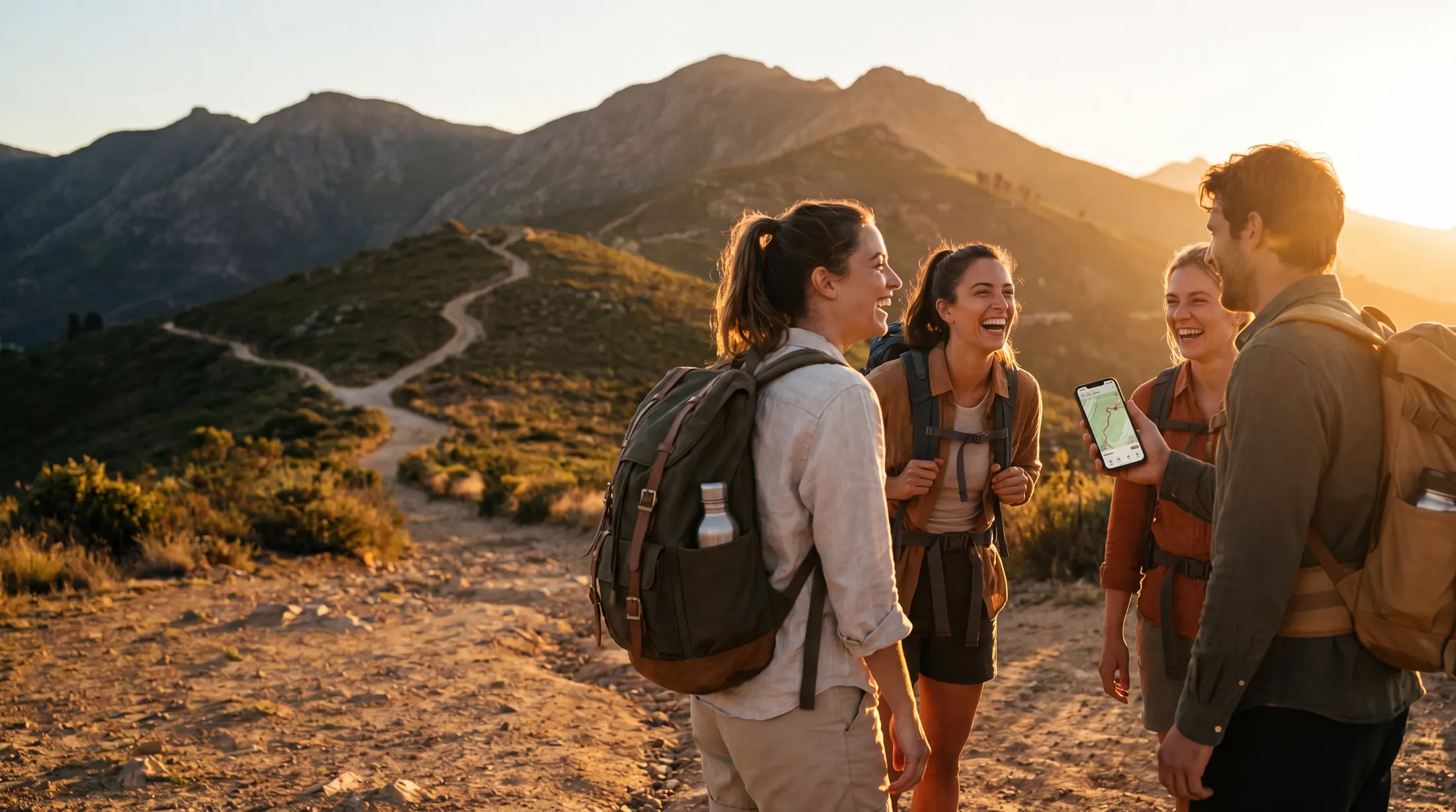 A phone showing Outest social hiking posts and saved trail moments.