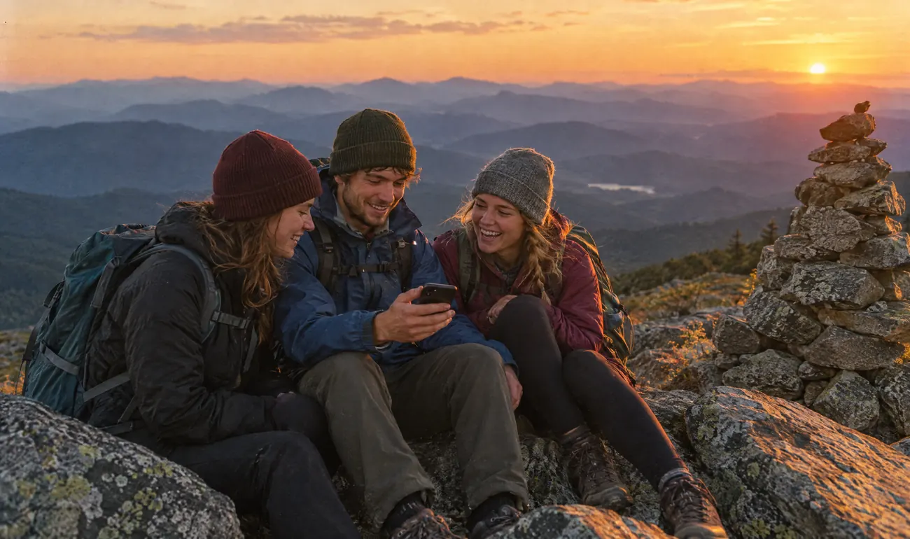 A phone showing Outest social hiking posts and saved trail moments.
