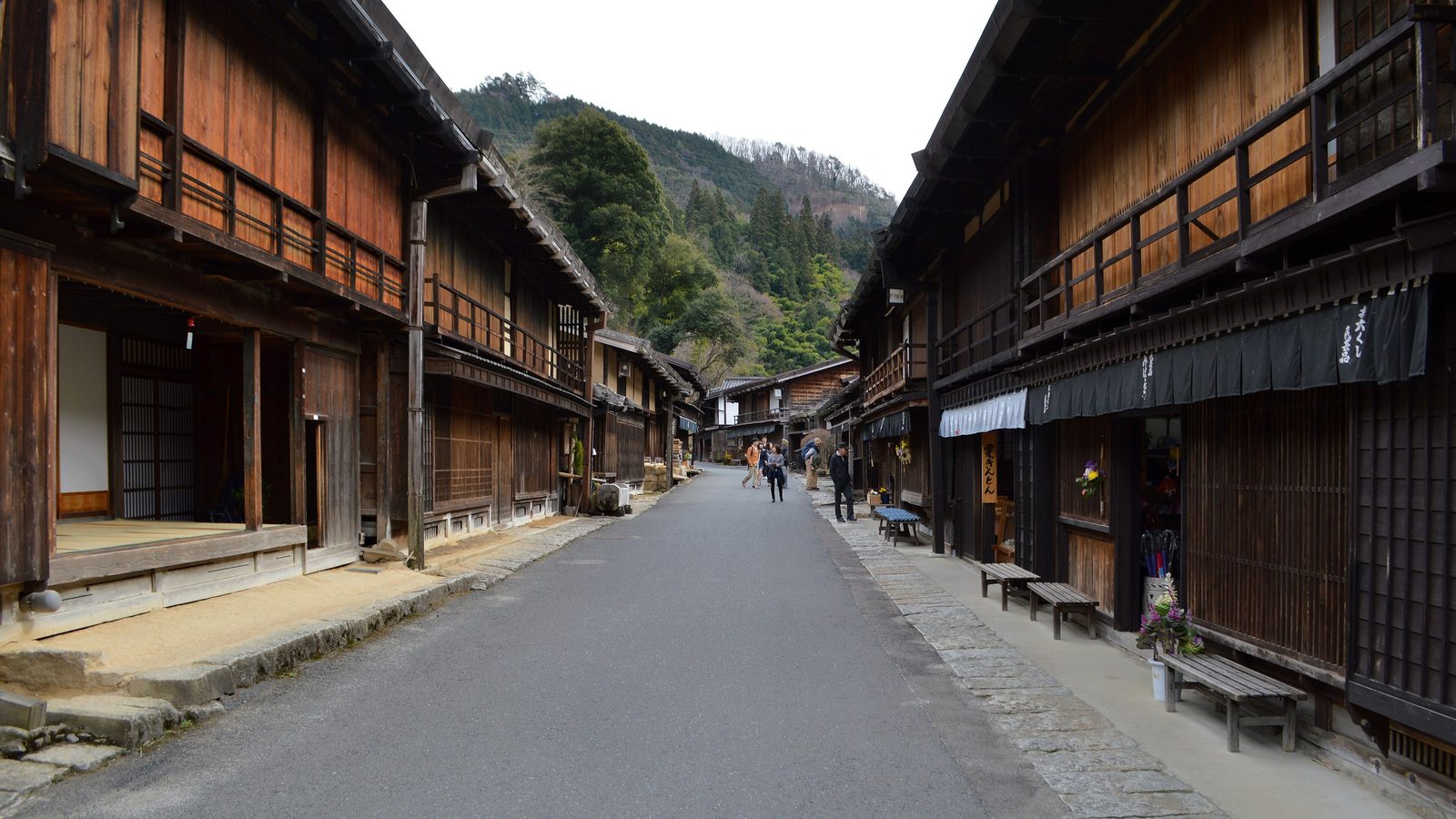 Nakasendo Way: the wooden inns and lattice fronts of the Tsumago post town on the old highway in the Kiso valley, Nagano